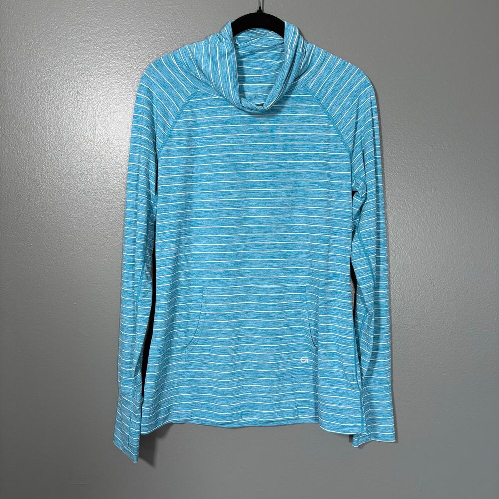 GapFit Women's Blue Striped Tunnel Neck Activewear Top - Size Small - Thumbholes